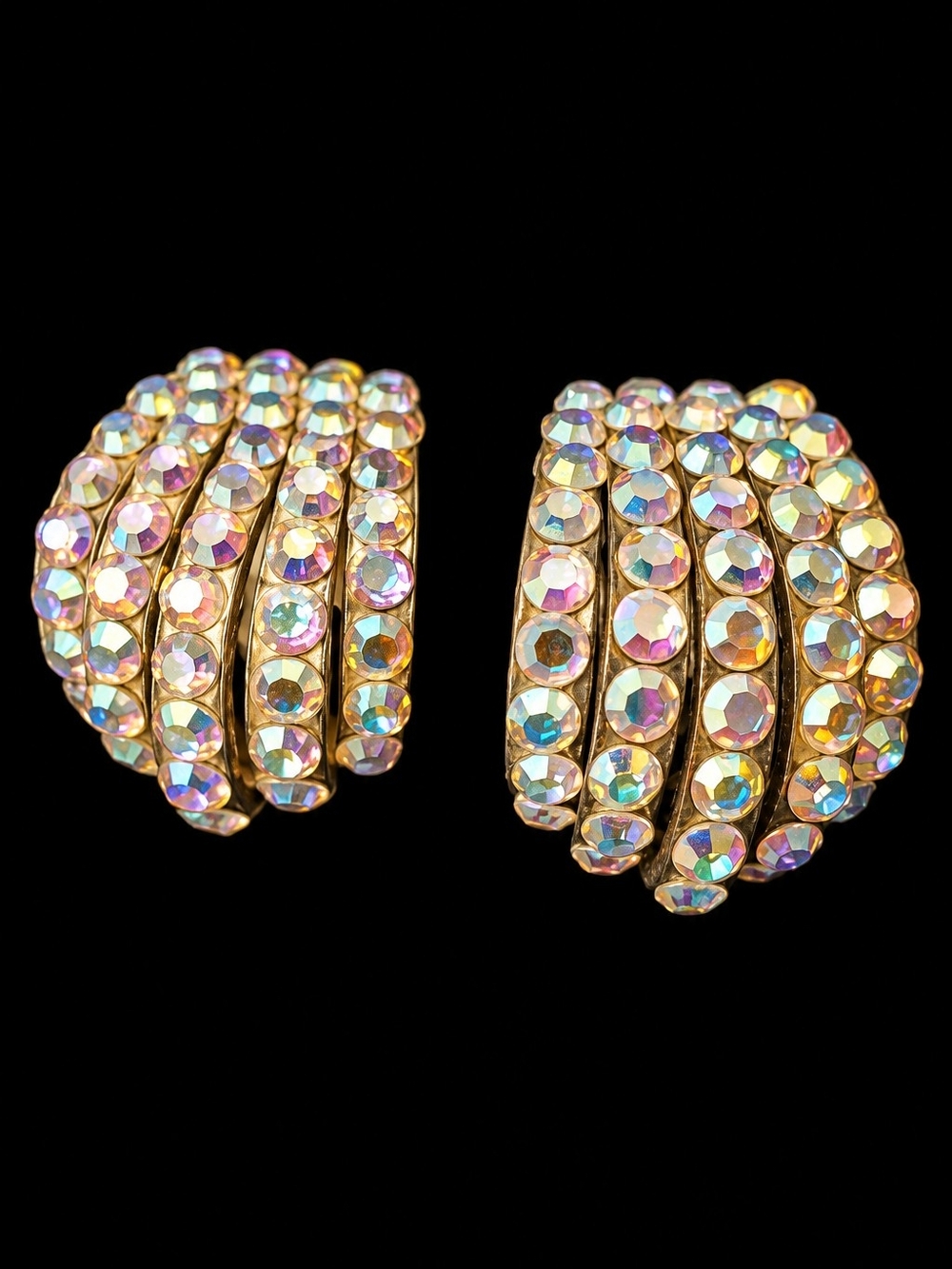 Vintage 80s Aurora Borealis Rhinestone Clip-On Statement Earrings Silver Tone